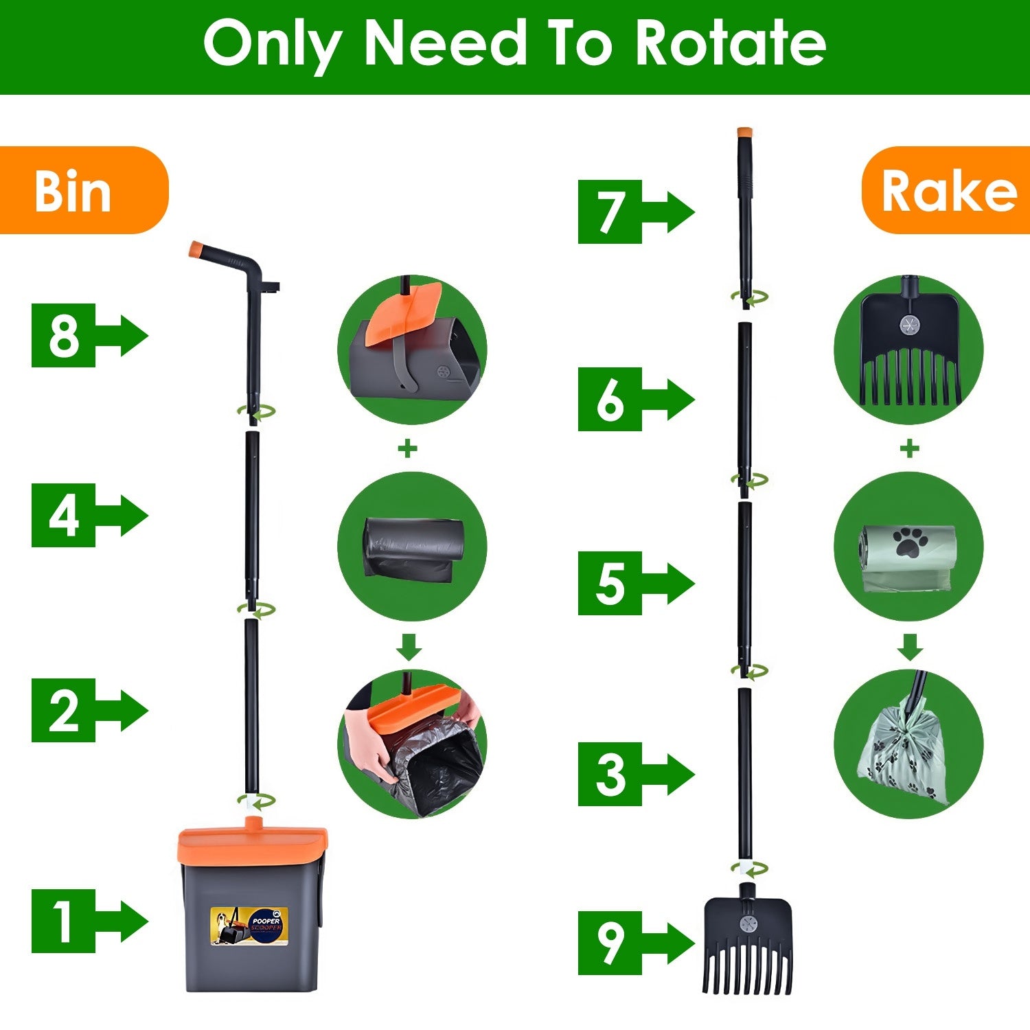 Heavy-Duty Pooper Scooper Kit – Swiveling Bin & Rake Set with Long Handle, 35 Waste Bags & Dispenser ACS29