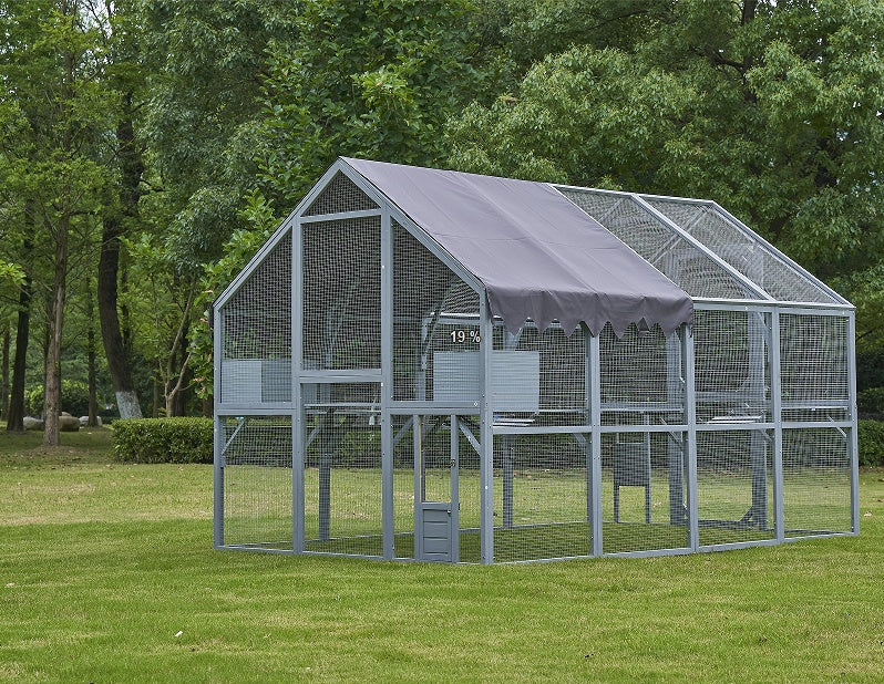 Outdoor Cat House with Fence – Upgraded Waterproof Shelter with Protective Cover, Gray ACS10