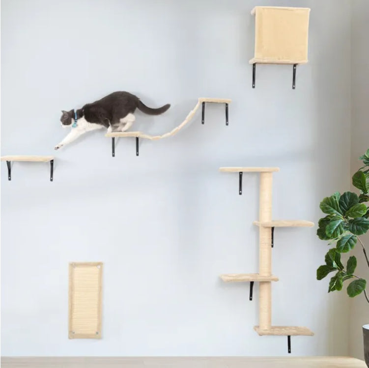 5 Pcs Wall Mounted Cat Climber Set – Floating Cat Shelves & Perches with Scratching Posts | Modern Cat Activity Tree | Cat Drinking & Feeding – furn38