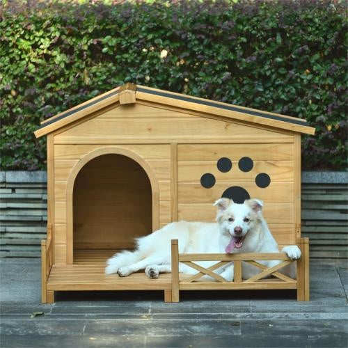 48" Wooden Dog House Outdoor With Porch – Medium Dog Kennel with Water-Resistant Asphalt Roof, Fencing & Indoor/Outdoor Crate | Cat Drinking & Feeding – furn16