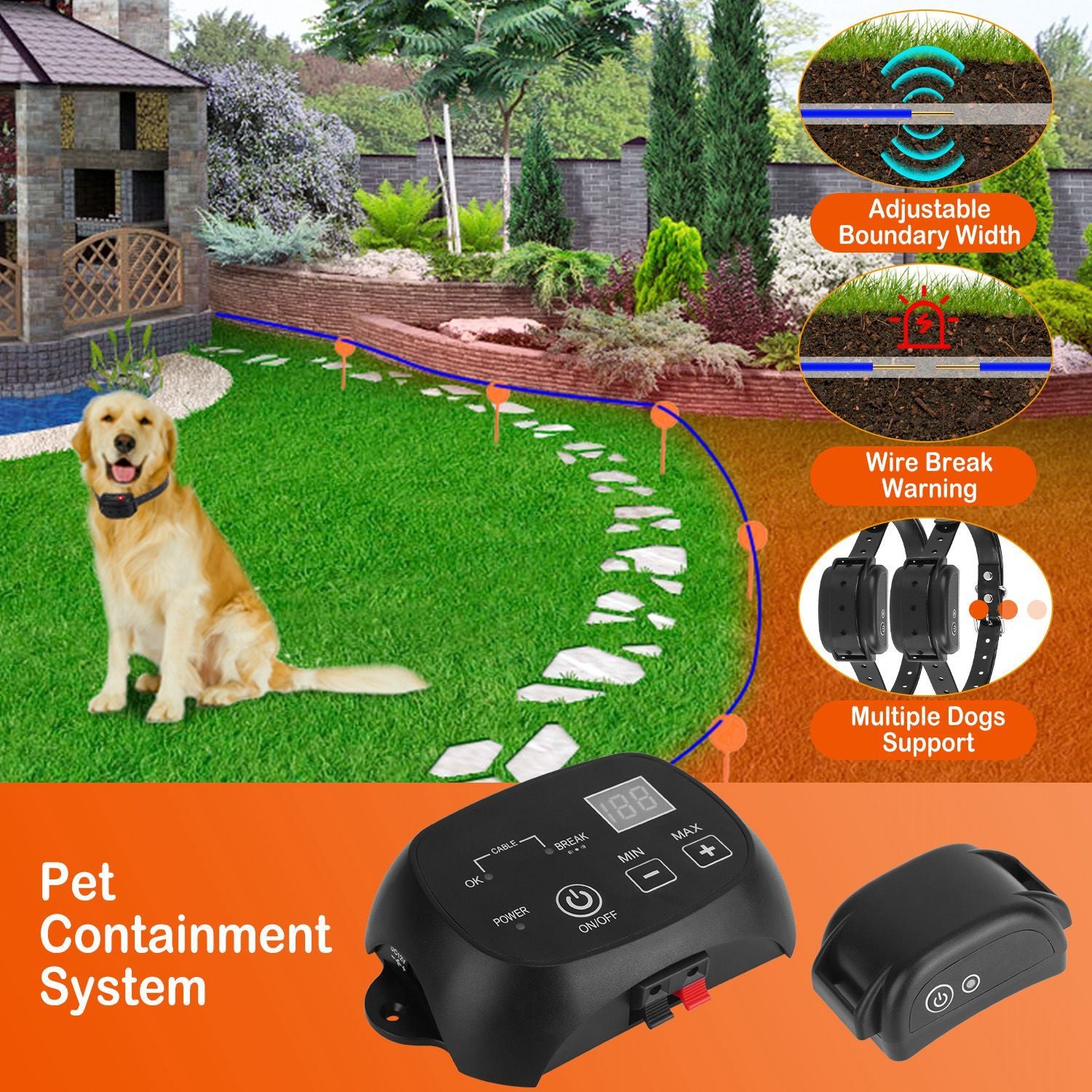 Underground Dog Fence System – 100-Level Adjustable IPX7 Waterproof Rechargeable Receiver for Small to Large Dogs ACS52