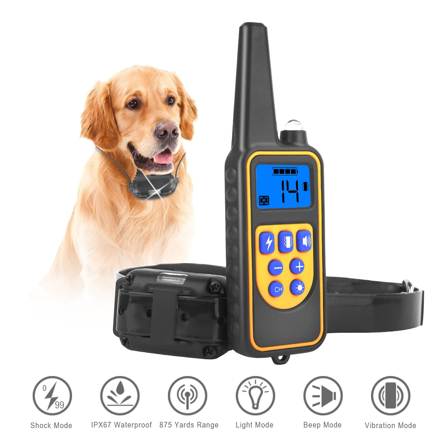Rechargeable Dog Training Collar with Remote – IP67 Waterproof, 875-Yard Range, 4 Modes, Adjustable Levels ACS44