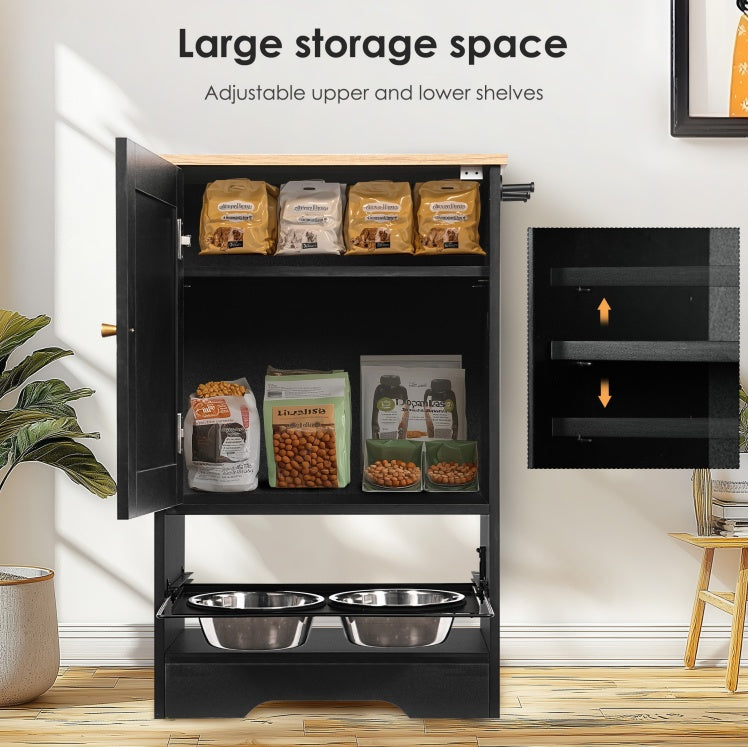 Pet Drinking & Feeding Station with Locker & 2 Overhead Dog Bowls – Concealed Black Feeding Unit with Side Hooks & Anti-Tipping Kit
