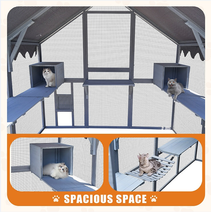 Outdoor Cat House with Fence – Upgraded Waterproof Shelter with Protective Cover, Gray ACS10