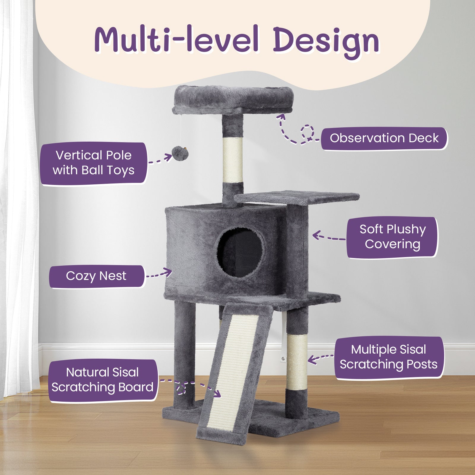 47" Trapezoidal Cat House – Dark Grey Cat Scratcher & Climbing Frame with Multi-Level Platforms | Cat Drinking & Feeding – furn30