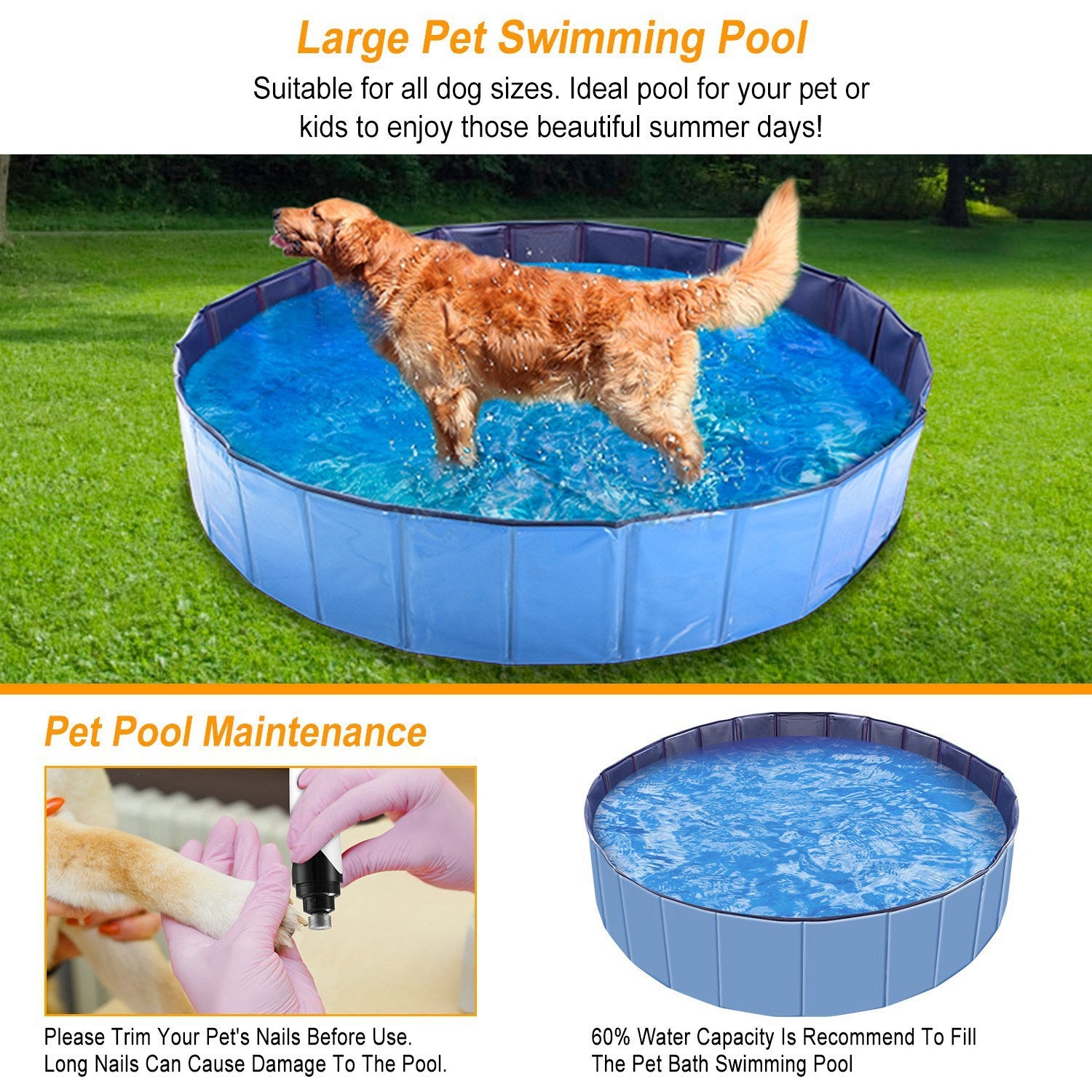 Foldable Pet Swimming Pool (160x160x30cm) – PVC Dog Bathing Tub & Playmat care 49