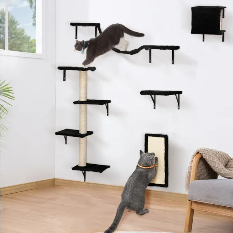 5 Pcs Wall Mounted Cat Climber Set – Floating Cat Shelves & Perches with Scratching Posts | Modern Cat Activity Tree | Cat Drinking & Feeding – furn38