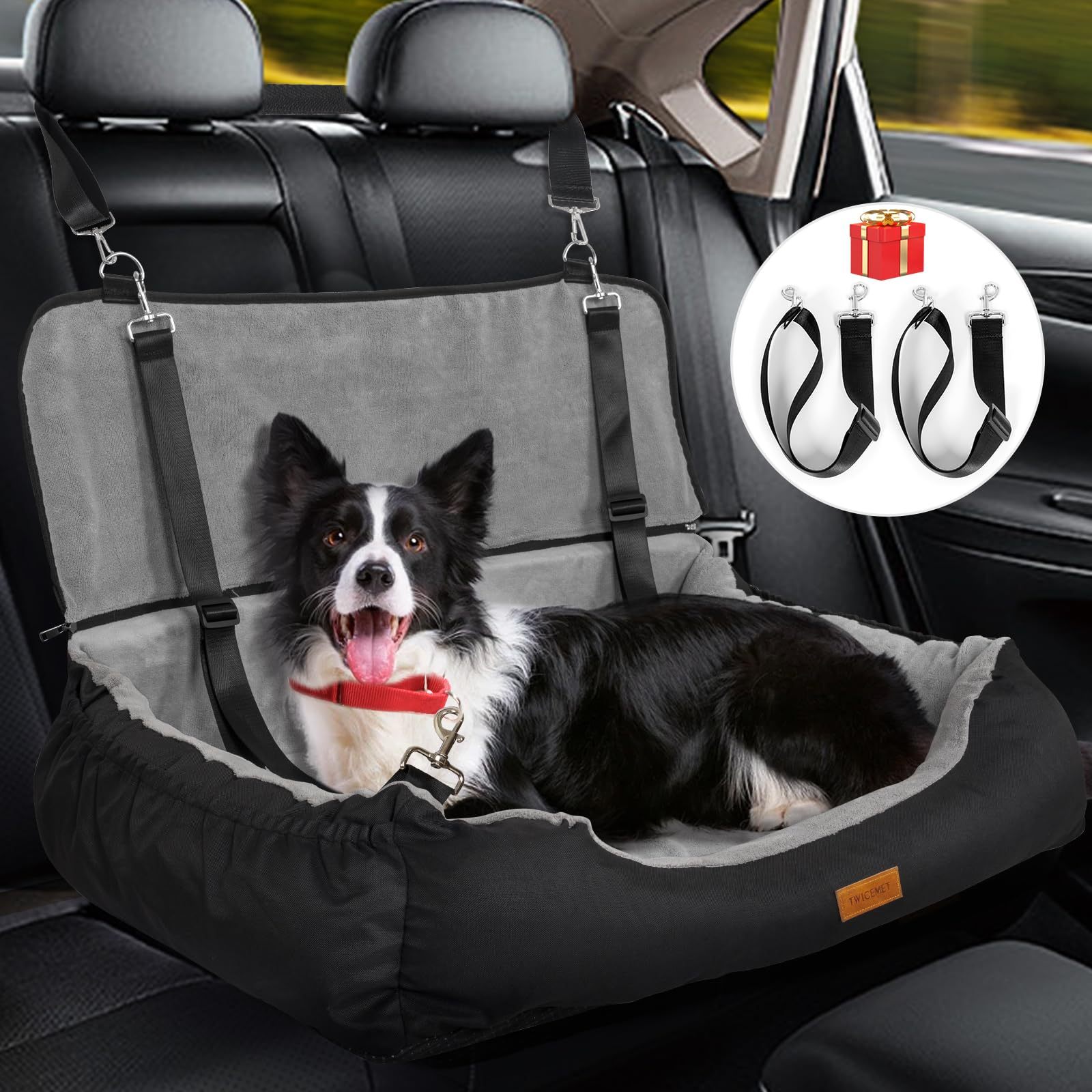 Coral Fleece Dog Booster Seat – Travel Bed with Storage & Clip-On Leash for Large or Multiple Small Dogs (Up to 70 lbs) ACS17