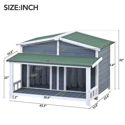 GO 47.2" Large Wooden Dog House Outdoor – Cabin Style Indoor & Outdoor Dog Crate with Porch and Dual Doors in Gray & Green | Cat Drinking & Feeding – furn17