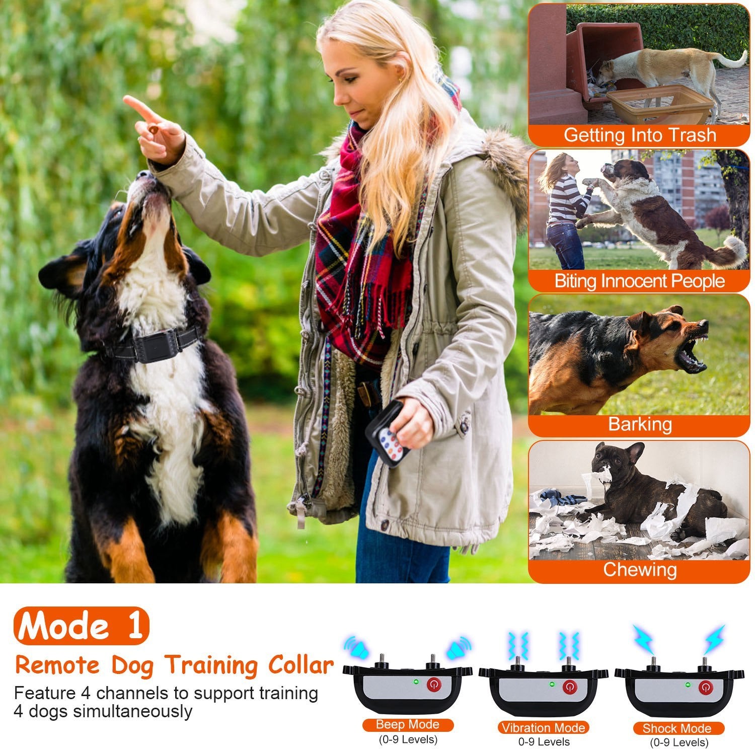990FT Wireless Dog Fence & Training Collar – IPX6 Waterproof, 4-Channel System with Beep, Vibration & Shock (0–9 Levels) ACS53