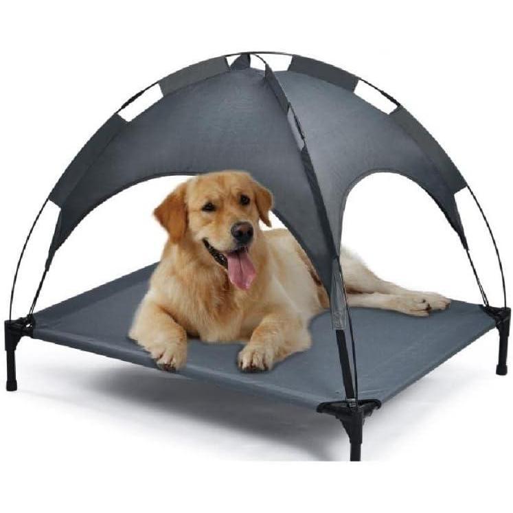 Outdoor Portable Dog Bed – Grey Pet Lounger with Awning for Sun Protection | Cat Drinking & Feeding – bed47