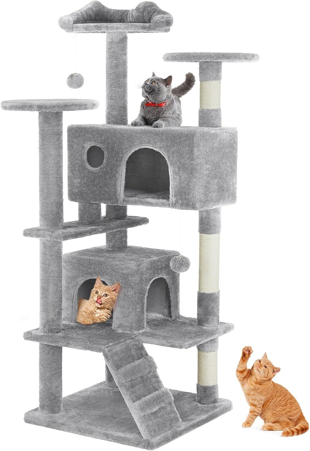 54" Cat Tree Tower – Multi-Level Indoor Apartment with Sisal Grab Posts, Ladder, Plush Toys, Rest & Play Areas | Cat Drinking & Feeding – furn37
