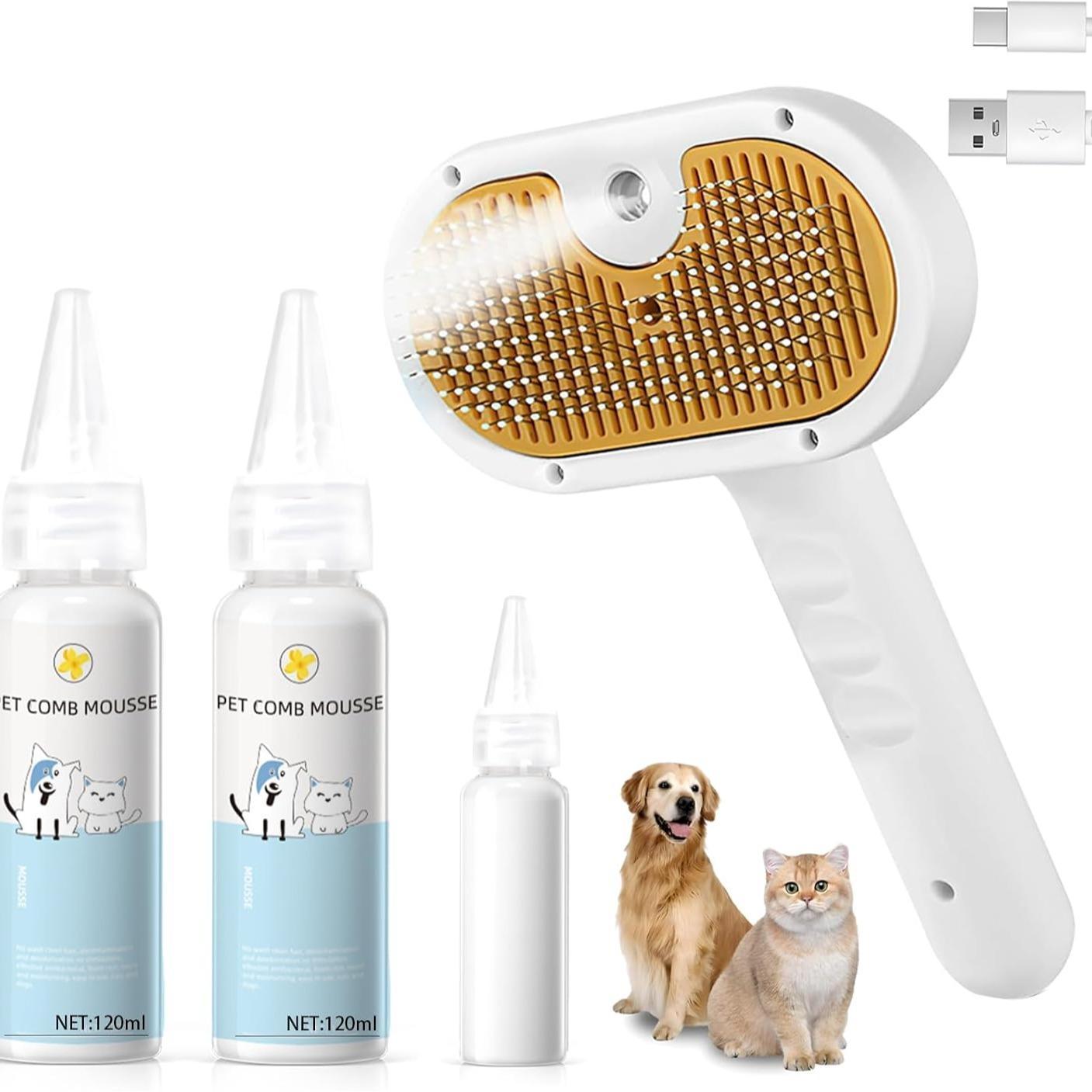 3-in-1 Universal Pet Steam Brush – Spray Hair Removal Comb with Waterless Shampoo & Ear Towel for Cats and Dogs care 31