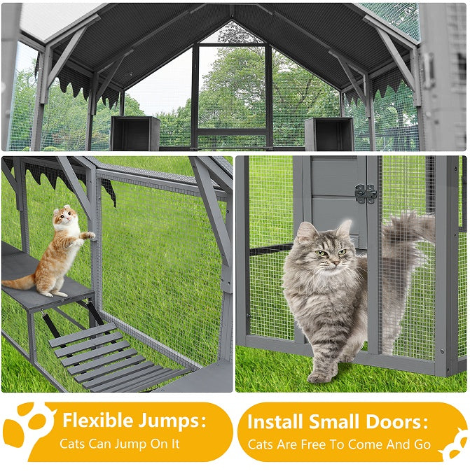 Outdoor Cat House with Fence – Upgraded Waterproof Shelter with Protective Cover, Gray ACS10