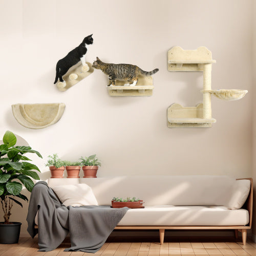 PawHut 4-Piece Cat Wall Shelves Set – Wall-Mounted Cat Climbing Furniture with Hammock, Steps, Perches & Scratching Post – Beige