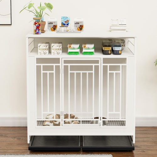 43.3" Large Dog Kennel Furniture – Wooden Indoor Dog Crate with Removable Divider & Stylish Home Design | Cat Drinking & Feeding – furn22