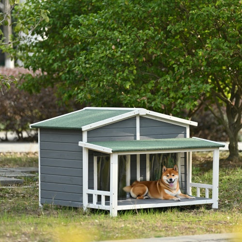 GO 47.2" Large Wooden Dog House Outdoor – Cabin Style Indoor & Outdoor Dog Crate with Porch and Dual Doors in Gray & Green | Cat Drinking & Feeding – furn17