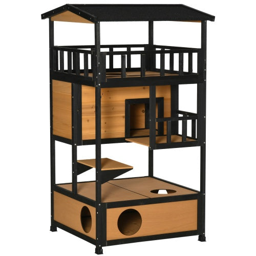 Wooden Outdoor Cat House – Weatherproof Wild Cat Shelter with Elevated Kitten Tree Platform | Cat Drinking & Feeding – furn8