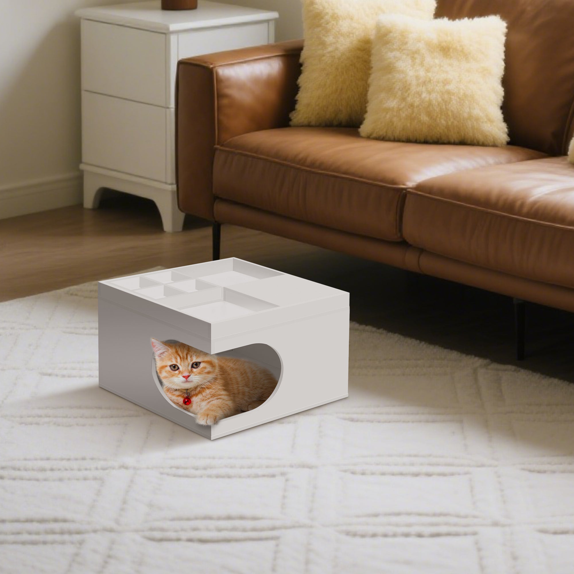 Multifunctional Cat Station – Cozy Cat House for Small & Medium Cats, Ideal for Living & Bedrooms | Cat Drinking & Feeding – bed90