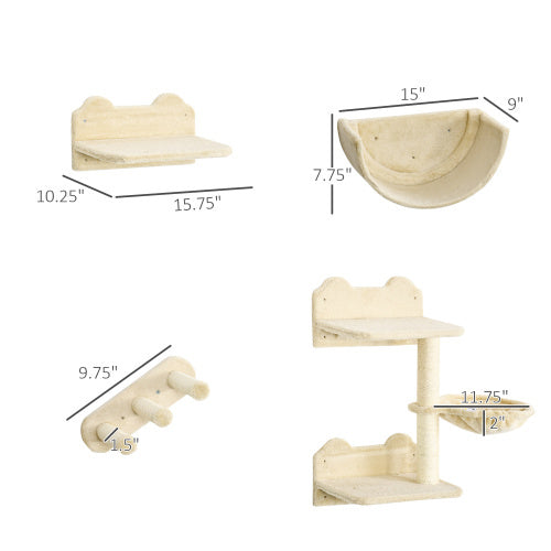 PawHut 4-Piece Cat Wall Shelves Set – Wall-Mounted Cat Climbing Furniture with Hammock, Steps, Perches & Scratching Post – Beige