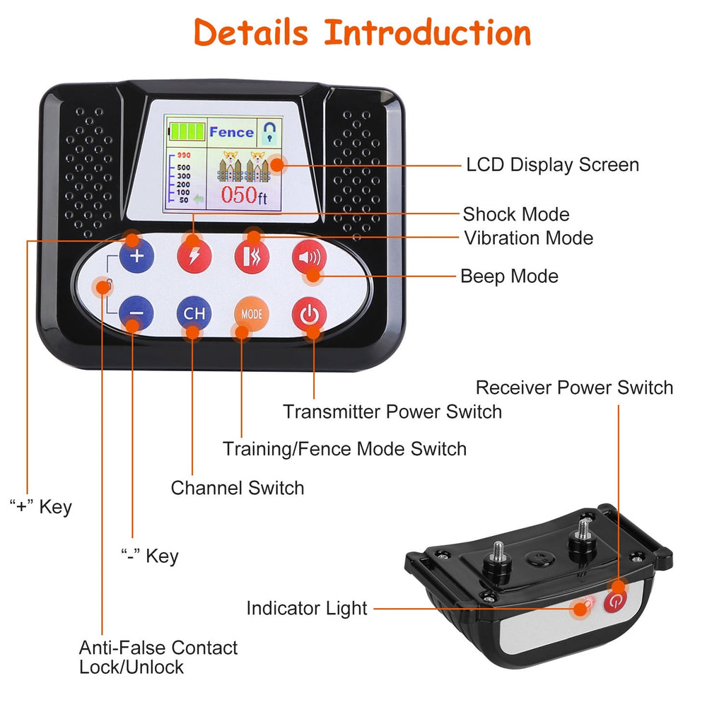 990FT Wireless Dog Fence & Training Collar – IPX6 Waterproof, 4-Channel System with Beep, Vibration & Shock (0–9 Levels) ACS53