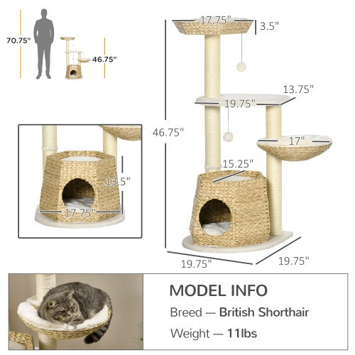 PawHut 47" Cat Tree Tower – Kitty Activity Center with Bed, Condo, Sisal Scratching Posts & Hanging Ball – Natural Cattail Fluff Design