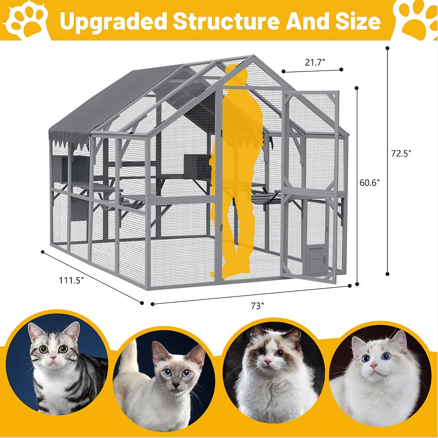 Outdoor Cat House with Fence – Upgraded Waterproof Shelter with Protective Cover, Gray ACS10