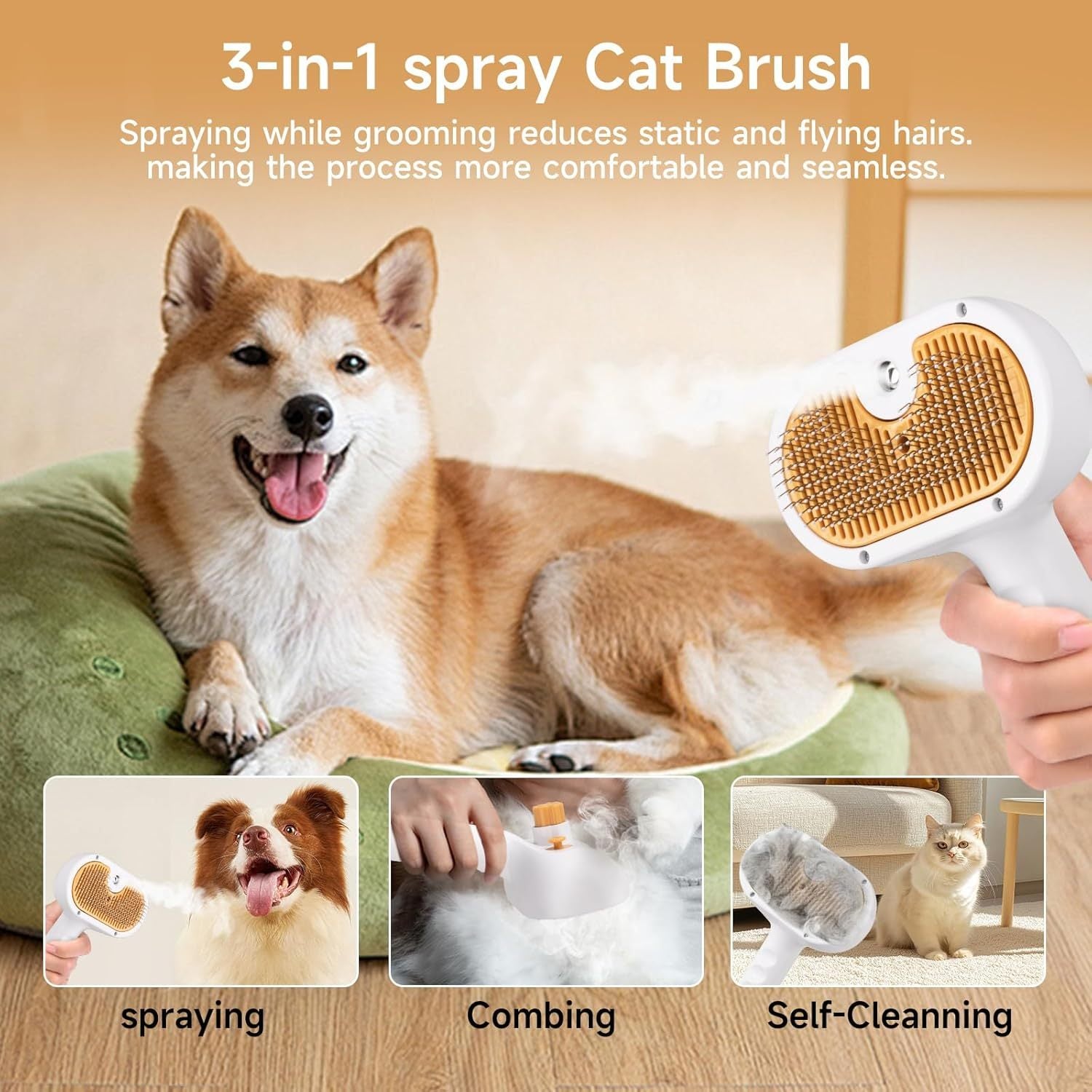 3-in-1 Universal Pet Steam Brush – Spray Hair Removal Comb with Waterless Shampoo & Ear Towel for Cats and Dogs care 31