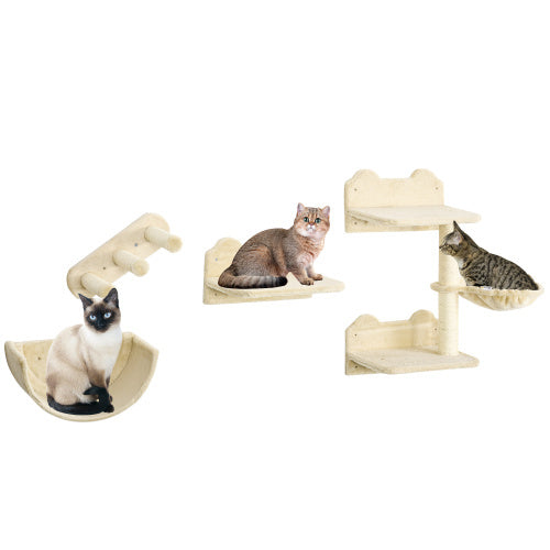 PawHut 4-Piece Cat Wall Shelves Set – Wall-Mounted Cat Climbing Furniture with Hammock, Steps, Perches & Scratching Post – Beige