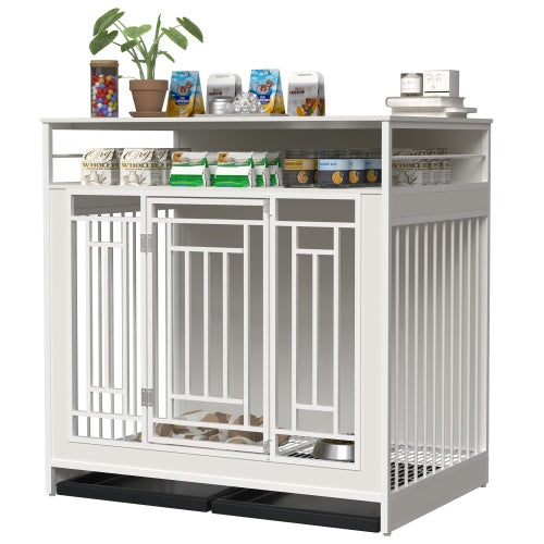 43.3" Large Dog Kennel Furniture – Wooden Indoor Dog Crate with Removable Divider & Stylish Home Design | Cat Drinking & Feeding – furn22