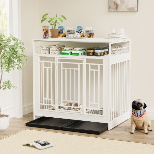 43.3" Large Dog Kennel Furniture – Wooden Indoor Dog Crate with Removable Divider & Stylish Home Design | Cat Drinking & Feeding – furn22
