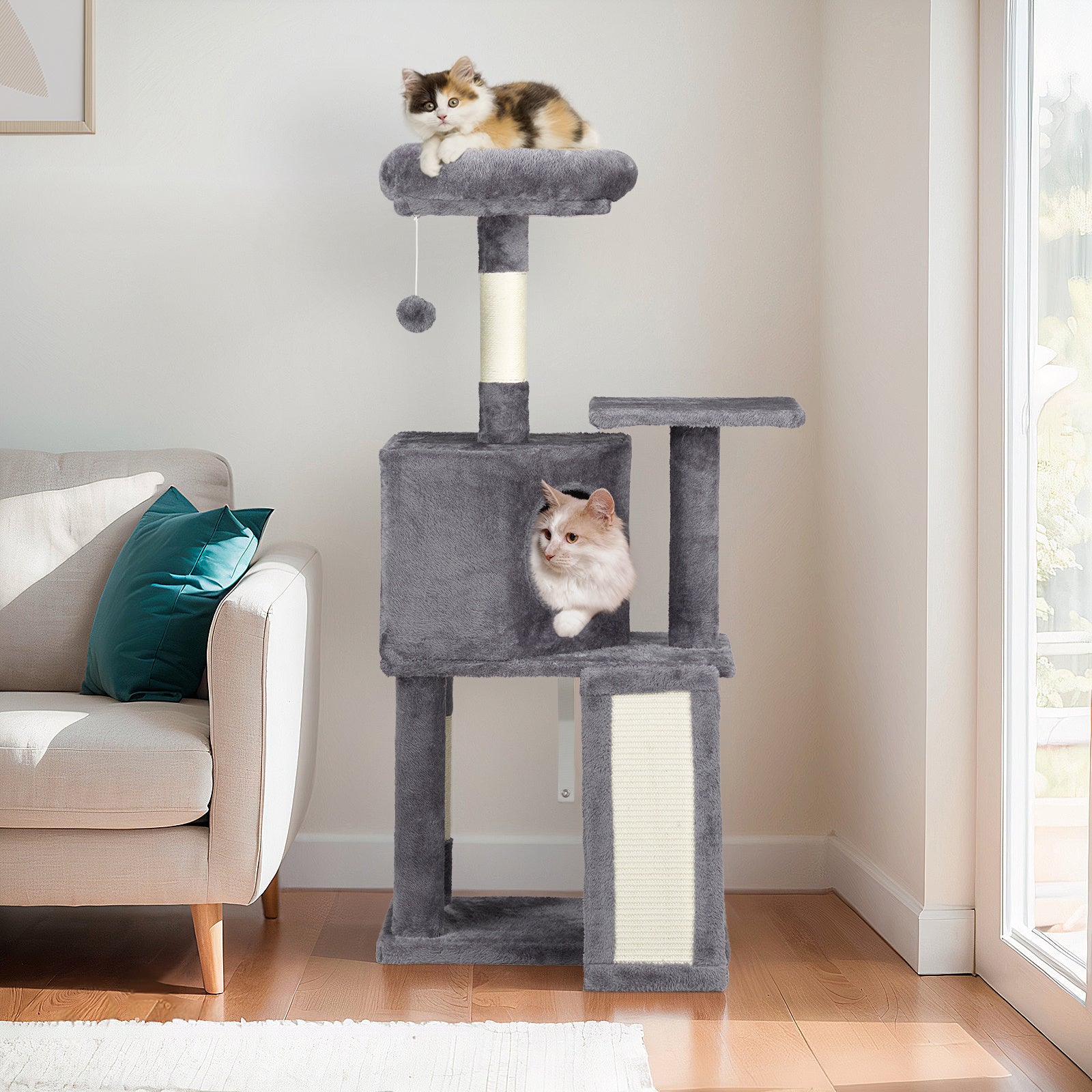 47" Trapezoidal Cat House – Dark Grey Cat Scratcher & Climbing Frame with Multi-Level Platforms | Cat Drinking & Feeding – furn30