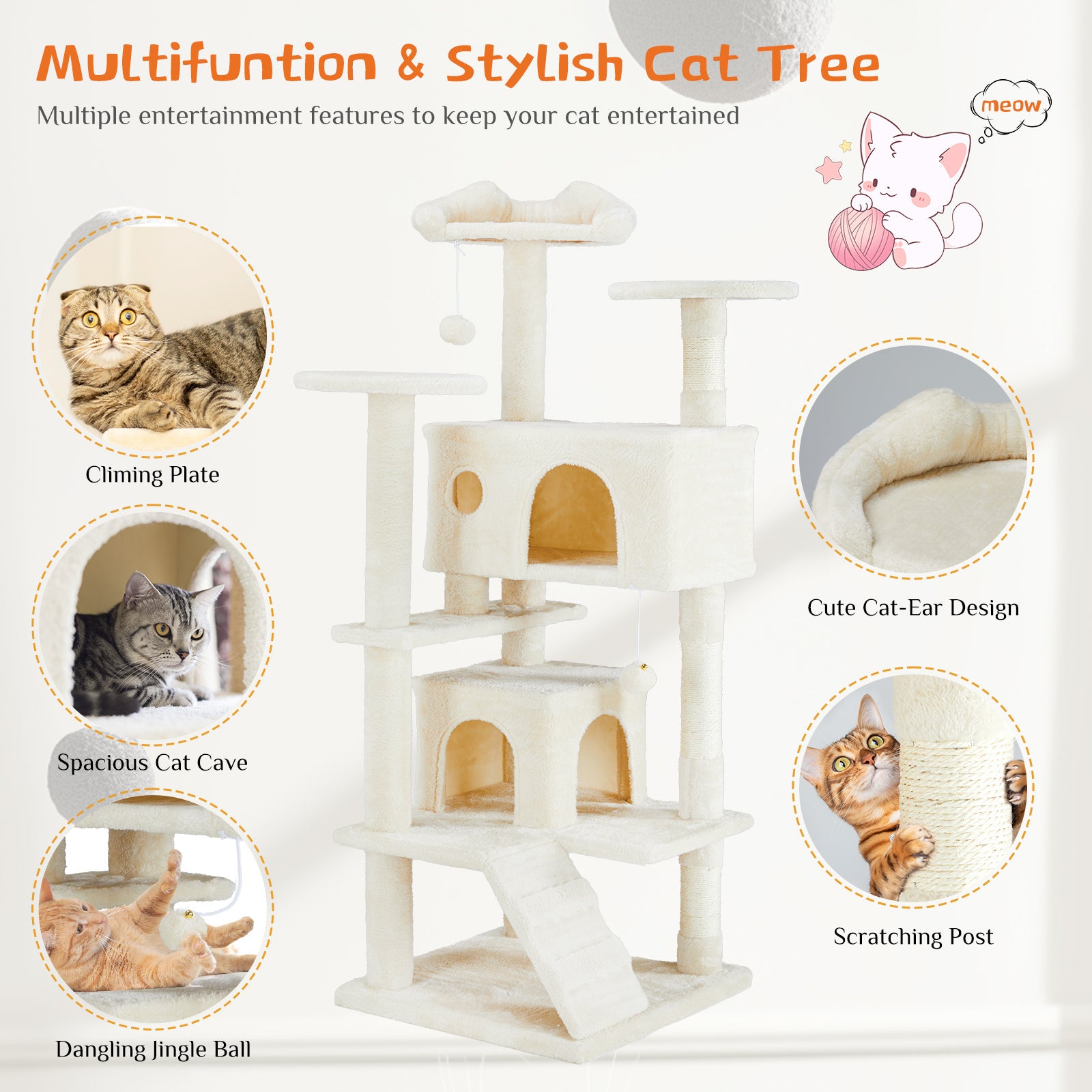 Multi Functional Cat Treehouse – All-in-One Cat Climbing Frame with Scratching Posts & Rest Platforms | Cat Drinking & Feeding – furn5