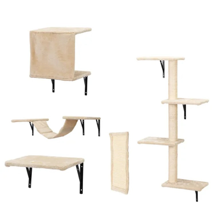 5 Pcs Wall Mounted Cat Climber Set – Floating Cat Shelves & Perches with Scratching Posts | Modern Cat Activity Tree | Cat Drinking & Feeding – furn38