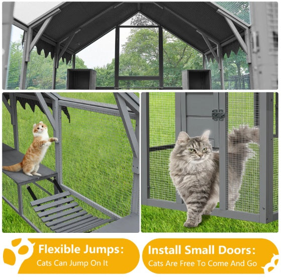 Outdoor Cat Enclosure Playpen – 110" Large Kitten House with Platforms & Upgraded Waterproof Cover, Grey ACS28