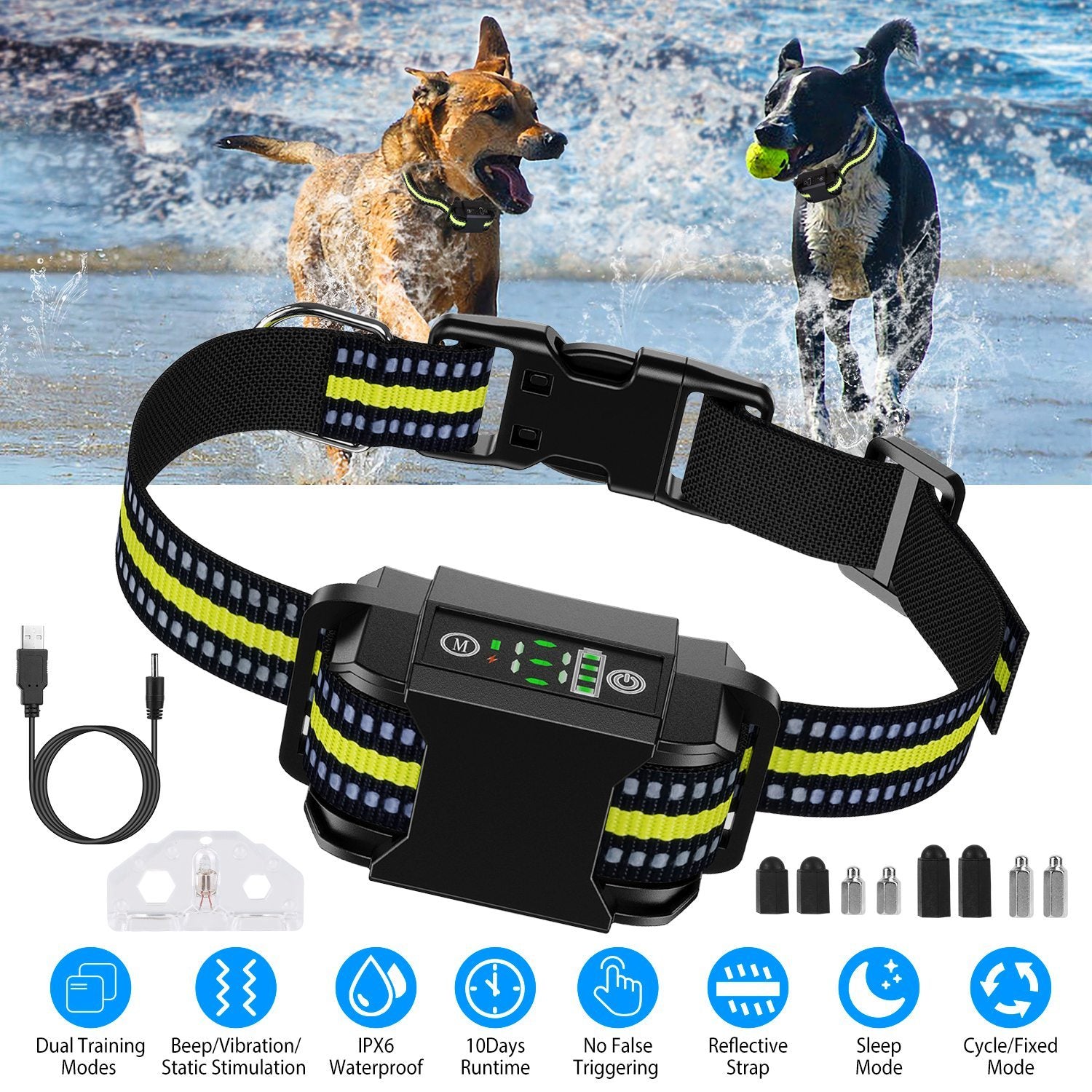 Rechargeable Dog Bark Collar – Waterproof Anti-Bark Device with Beep, Vibration, Static & 6 Intensity Levels, Dual Modes ACS50