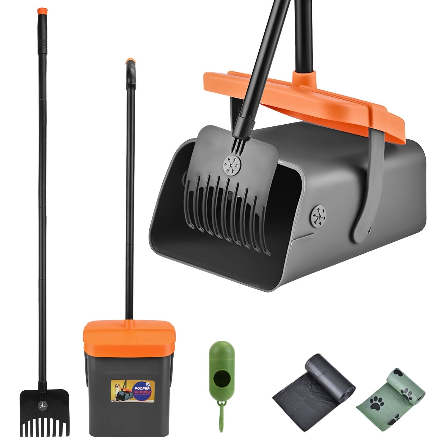 Heavy-Duty Pooper Scooper Kit – Swiveling Bin & Rake Set with Long Handle, 35 Waste Bags & Dispenser ACS29