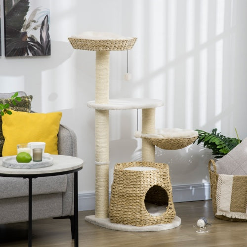 PawHut 47" Cat Tree Tower – Kitty Activity Center with Bed, Condo, Sisal Scratching Posts & Hanging Ball – Natural Cattail Fluff Design