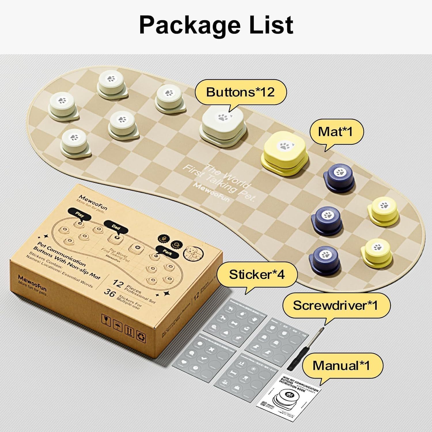Dog Talking Buttons – 12-Pack Rechargeable Voice Recording Buttons with Non-Slip Mat, Pet Communication Starter Kit for Dogs & Cats