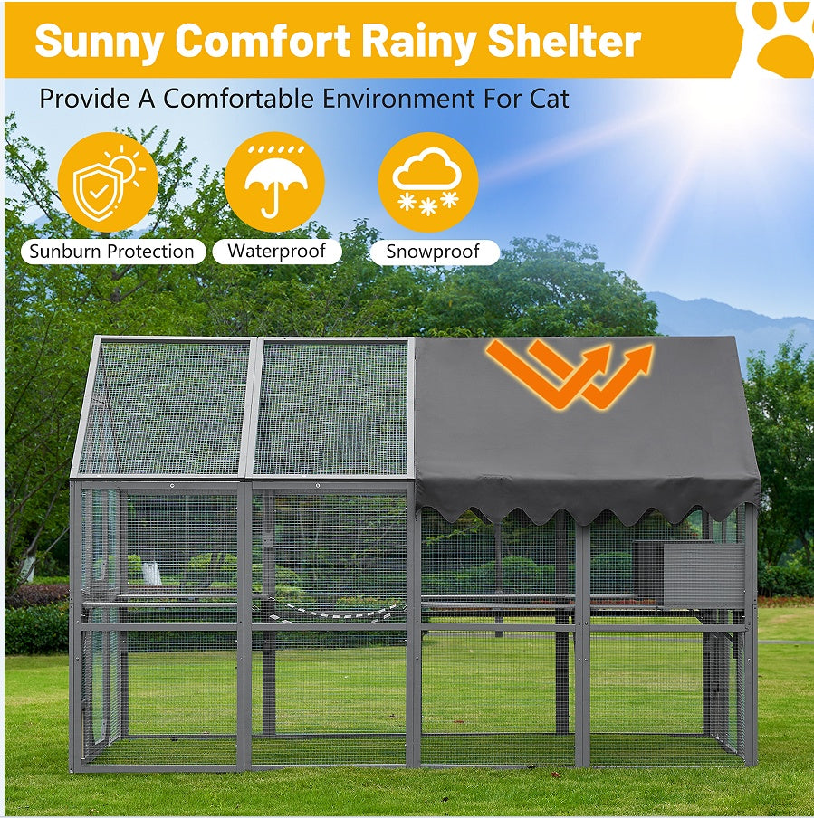 Outdoor Cat House with Fence – Upgraded Waterproof Shelter with Protective Cover, Gray ACS10