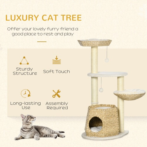 PawHut 47" Cat Tree Tower – Kitty Activity Center with Bed, Condo, Sisal Scratching Posts & Hanging Ball – Natural Cattail Fluff Design