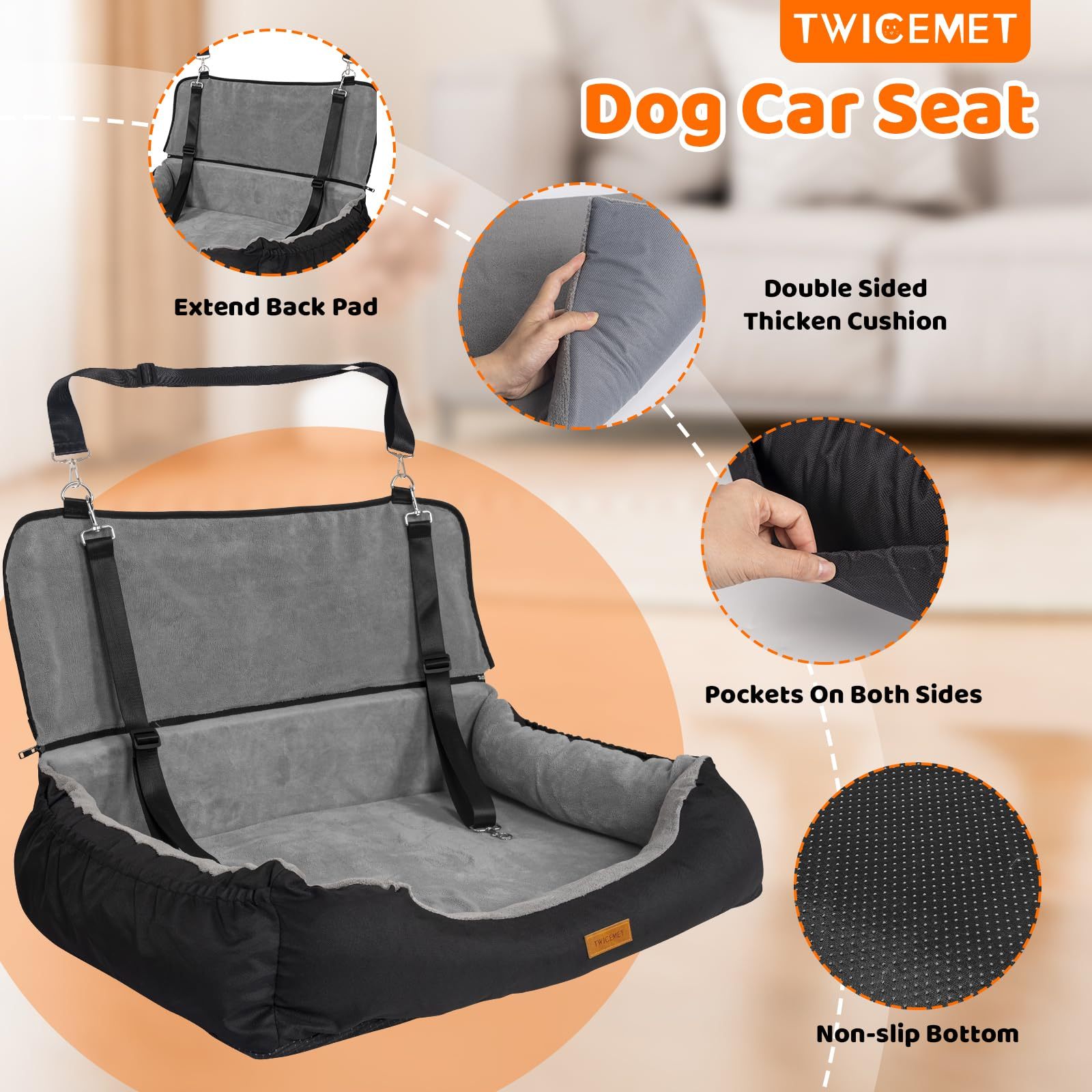 Coral Fleece Dog Booster Seat – Travel Bed with Storage & Clip-On Leash for Large or Multiple Small Dogs (Up to 70 lbs) ACS17