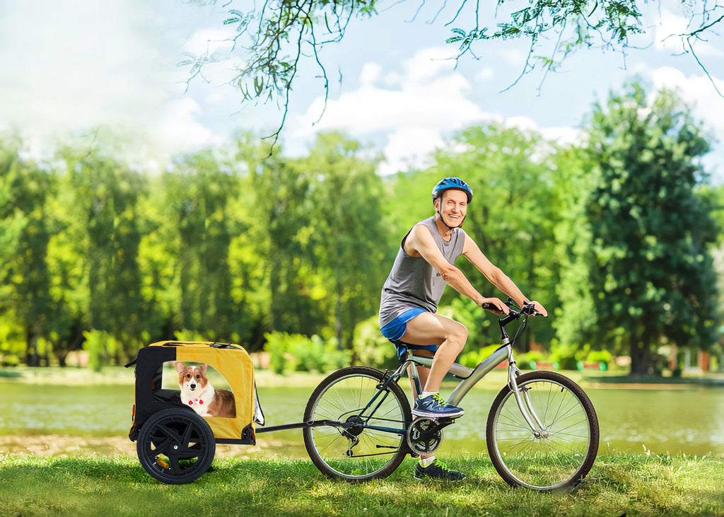 Yellow Foldable Heavy-Duty Pet Stroller with Bicycle Tow – Outdoor Dog Carrier Cart ACS2