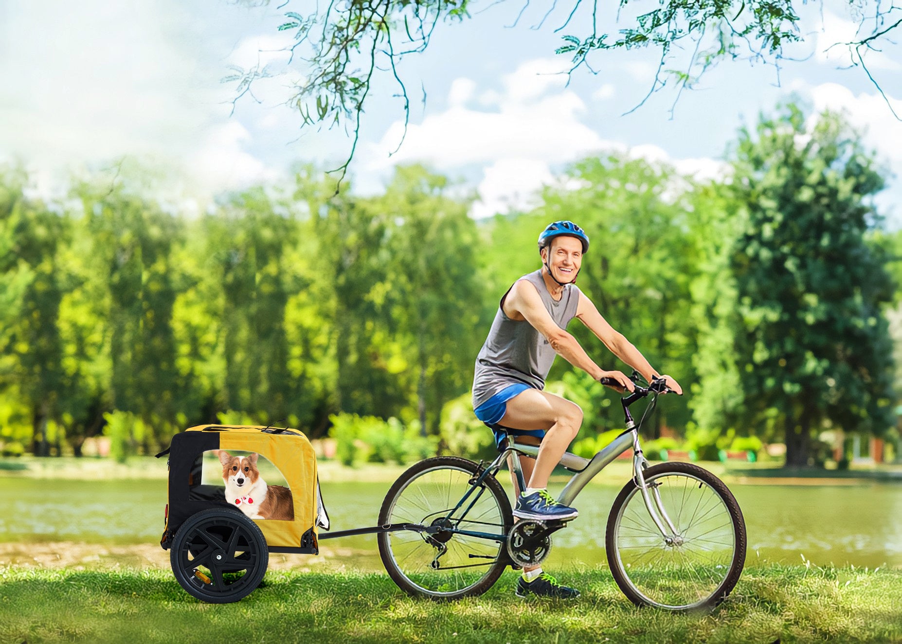 Yellow Foldable Heavy-Duty Pet Stroller with Bicycle Tow – Outdoor Dog Carrier Cart ACS2