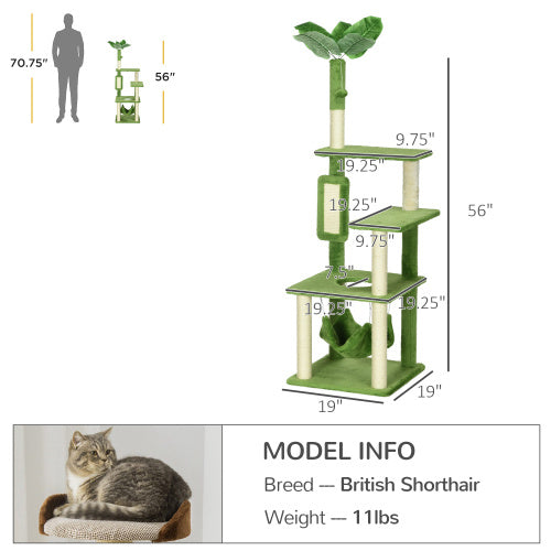 56" Cat Tree – Indoor Cat Tower in Green with Hammock, Scratching Posts, Platforms, Play Ball & Anti-Tipping Device | Cat Drinking & Feeding – furn31