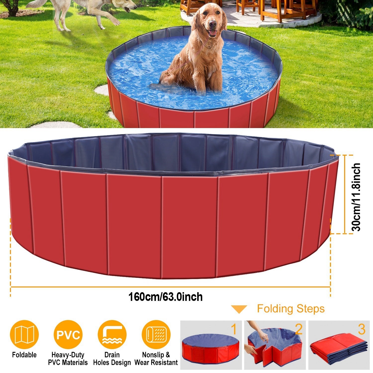 Foldable Pet Swimming Pool (160x160x30cm) – PVC Dog Bathing Tub & Playmat care 49