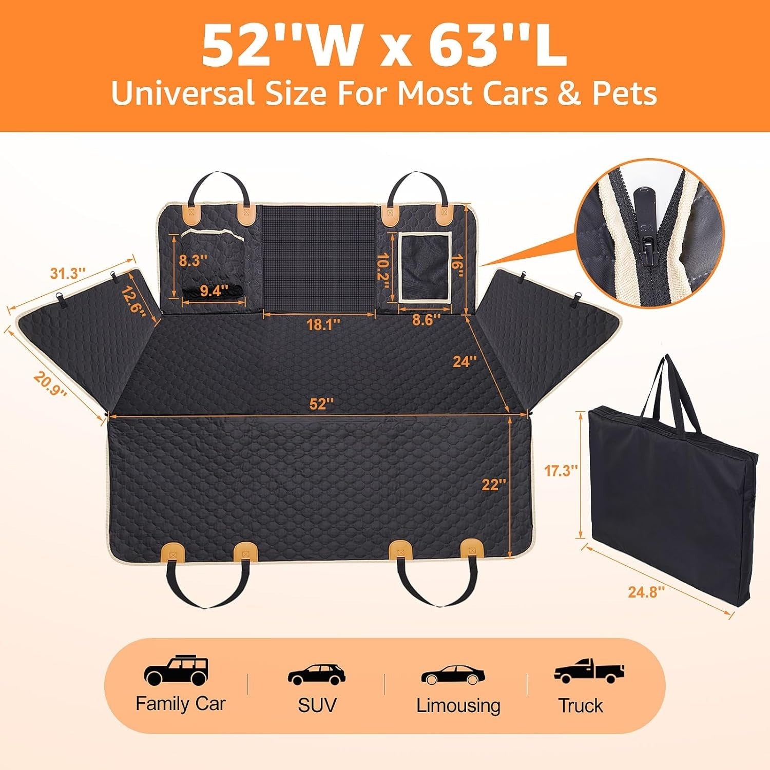 Waterproof Back Seat Extender for Dogs – Hard Bottom Detachable Car Hammock with Nonslip 600D Fabric & Carrying Bag ACS31