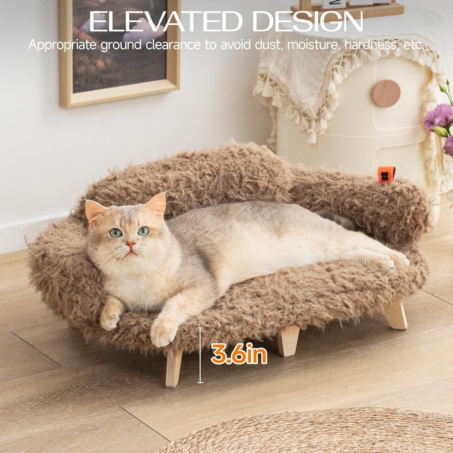 Elevated Cat Bed – 26x18.3x8.5" Wooden Pet Sofa with Washable Cover for Cats & Small Dogs | Cat Drinking & Feeding – bed58