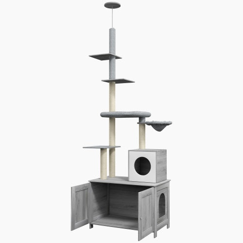 PawHut Cat Tree With Litter Box Enclosure – 2-in-1 Floor-to-Ceiling Cat Tower with Condo, Bed, Hammock, Scratching Posts & Platforms | Cat Drinking & Feeding – furn24
