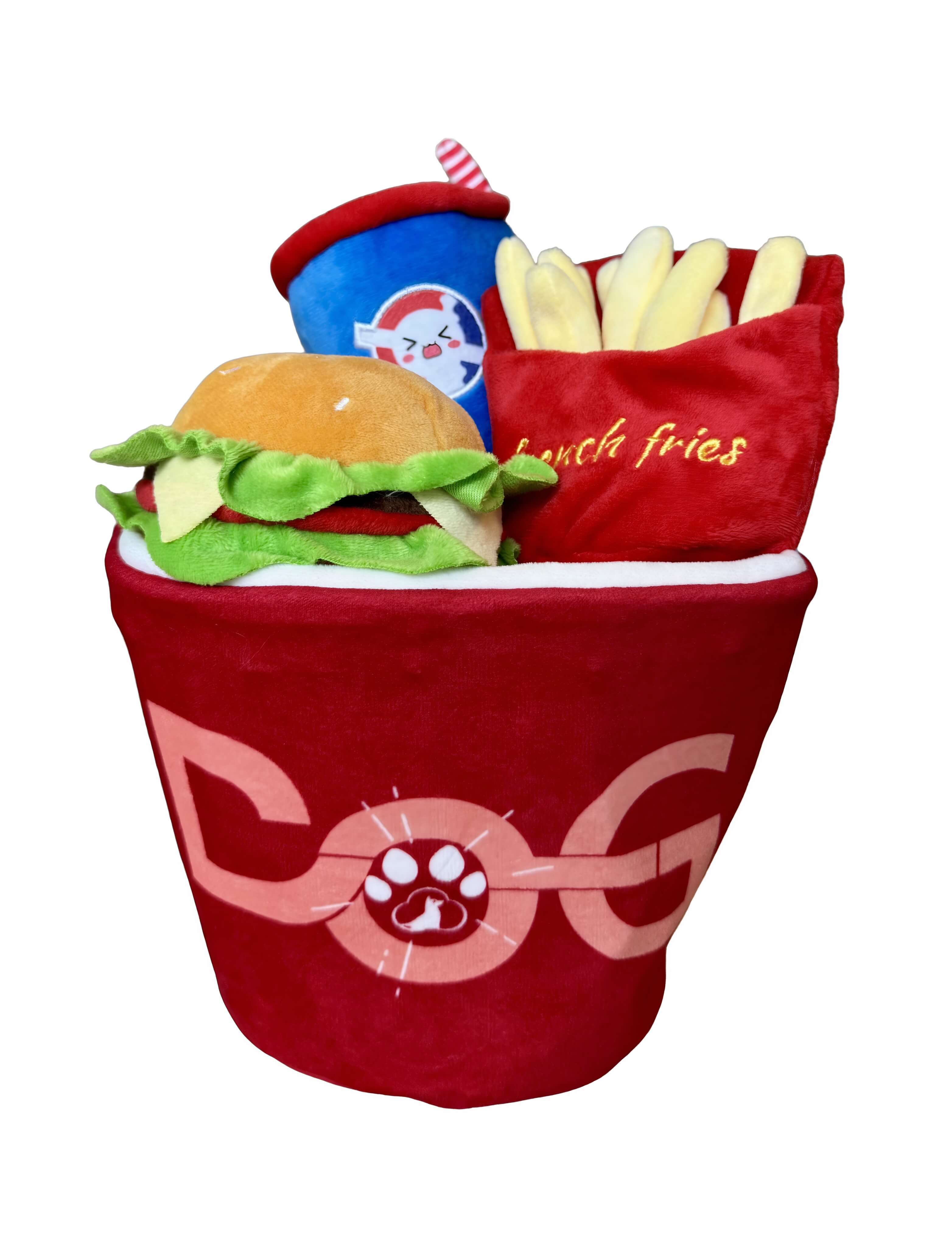 4-in-1 Fast Food Dog Toy Set – Squeaky Plush Bucket with Fries, Soda & Burger for Interactive Play